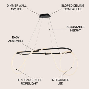Lisette 59" Contemporary Minimalist 360 Adjustable Silicone Rope/Metal Dimmable Integrated LED Chandelier - JONATHAN Y